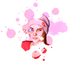 le personnage Stephanie Gingrich dans une tache d'encre rose, tenant un dé de jeu de role entre ses 2 doigts devant son oeil droit